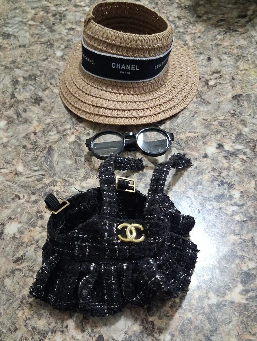CHANEL copy Black Tweed Labubu Ruffled dress with Gold CC